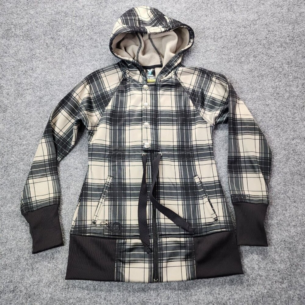 Burton Women's Dry Ride Jacket Small Gray Black Plaid Hooded Snowboarding Skiing